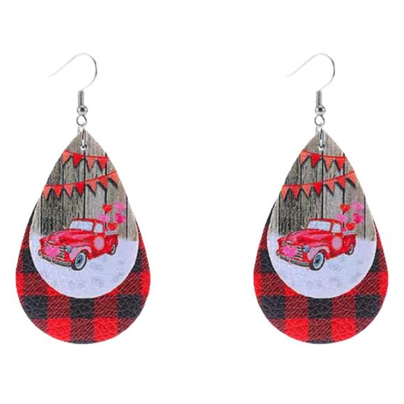 Country Style Vegan Leather Plaid Holiday Earrings - Picture 2 of 3